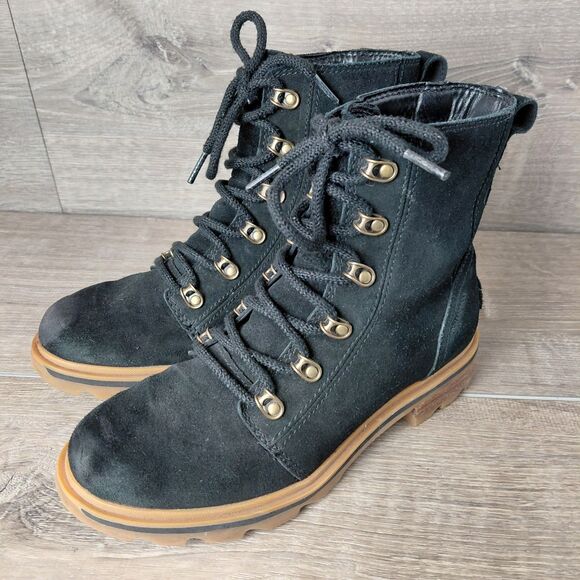Sorel Lennox Black Suede Boots Waterproof Lace Up Women 8 Chunky Lug Sole NL4410 - Picture 4 of 11